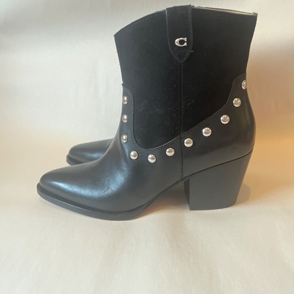 Coach Black Pauline Studded Black Leather Suede Glam Rock Cowboy Booties Boots - Picture 5 of 15